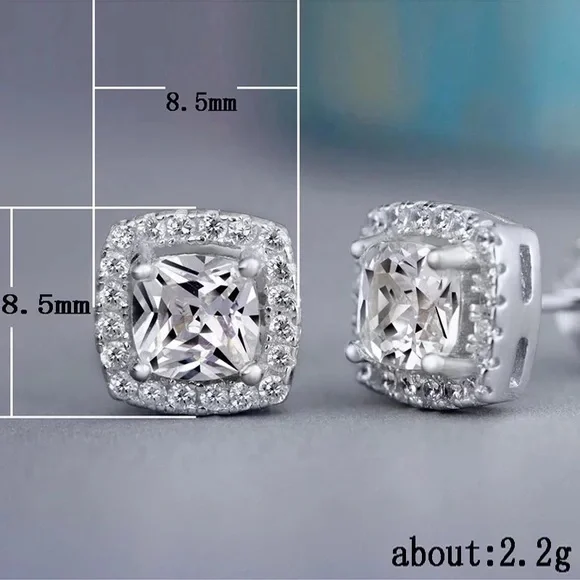 New 925 Silver Square Cut Diamond Earrings - Picture 2 of 2